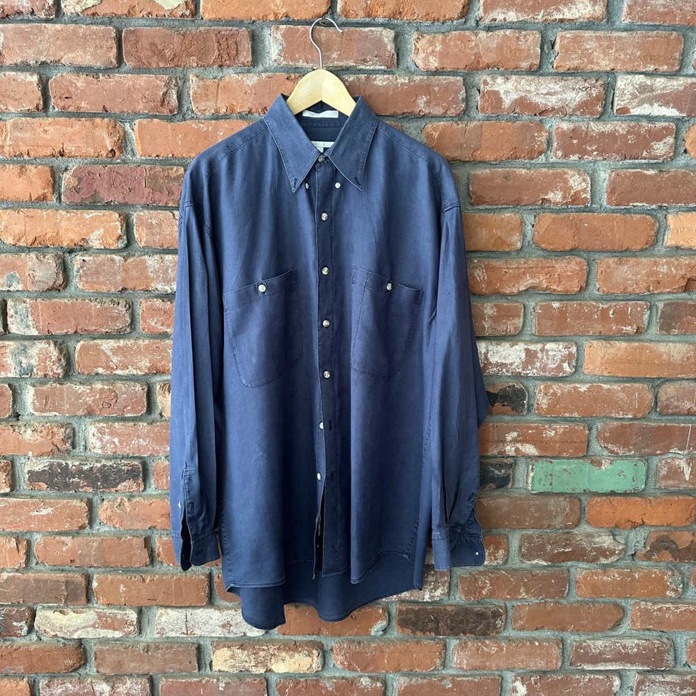 Perry Ellis Men's Large 100% Linen Navy Blue Long Sleeve Button Shirt